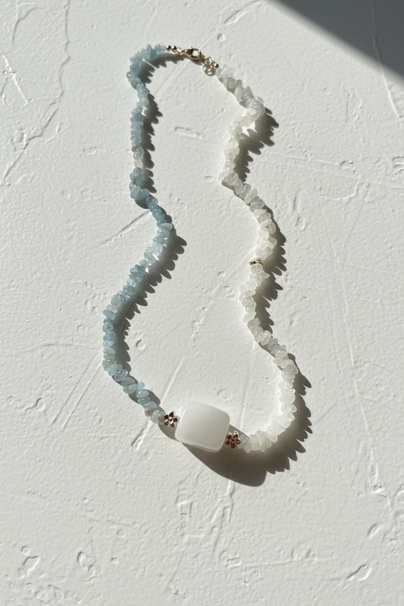 Aquamarine, Moonstone and white Jade necklace.