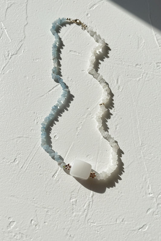 Aquamarine, Moonstone and white Jade necklace.