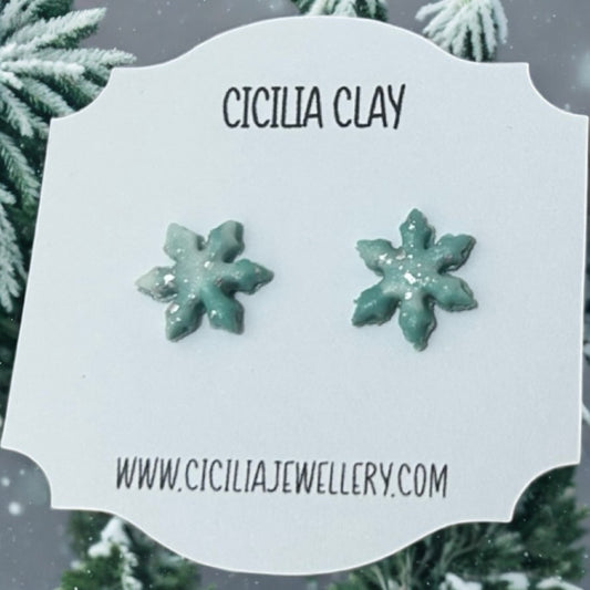 Mint & silver flake snowflake studs