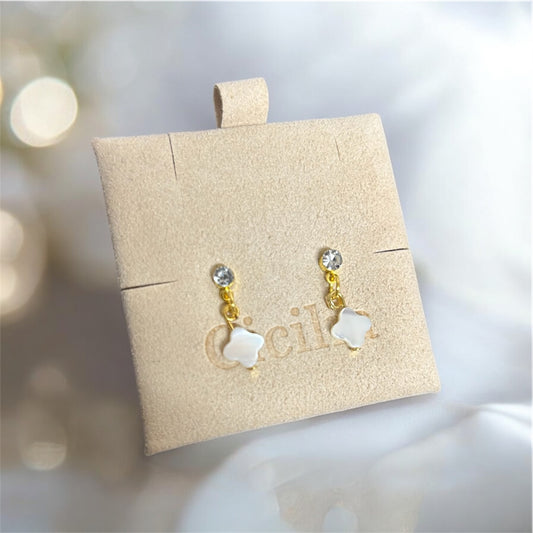 Gold diamanté stud drop mother of pearl clover earrings