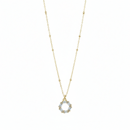 Gold necklace with a circular pendant on a grey background.