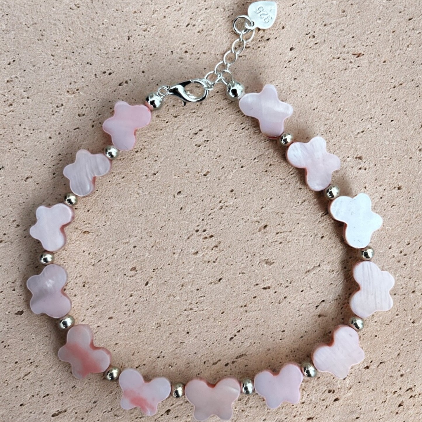Pink mother of pearl butterfly & 925 silver bracelet
