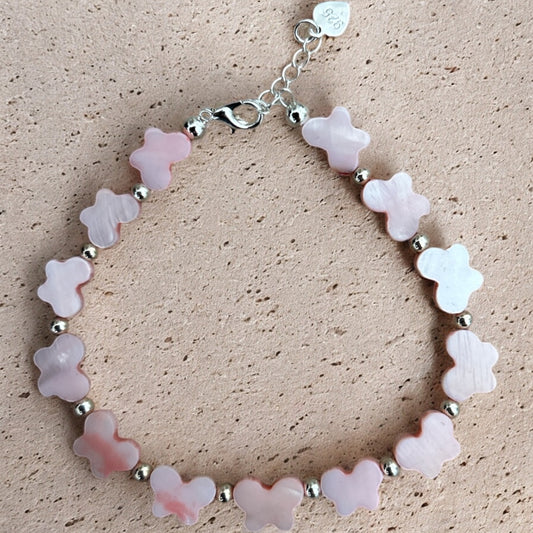Pink mother of pearl butterfly & 925 silver bracelet