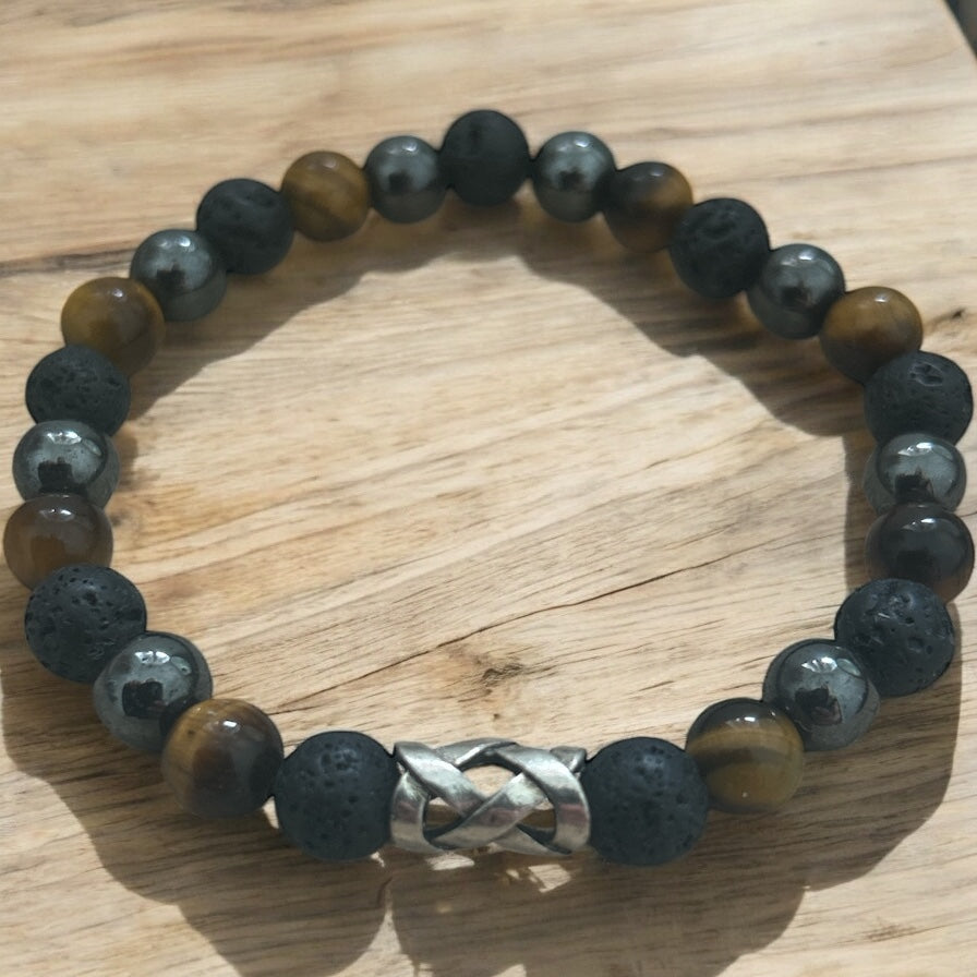 Tiger’s eye, hematite & lava rock beaded bracelet