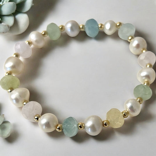 Pearl & faceted morganite beaded bracelet