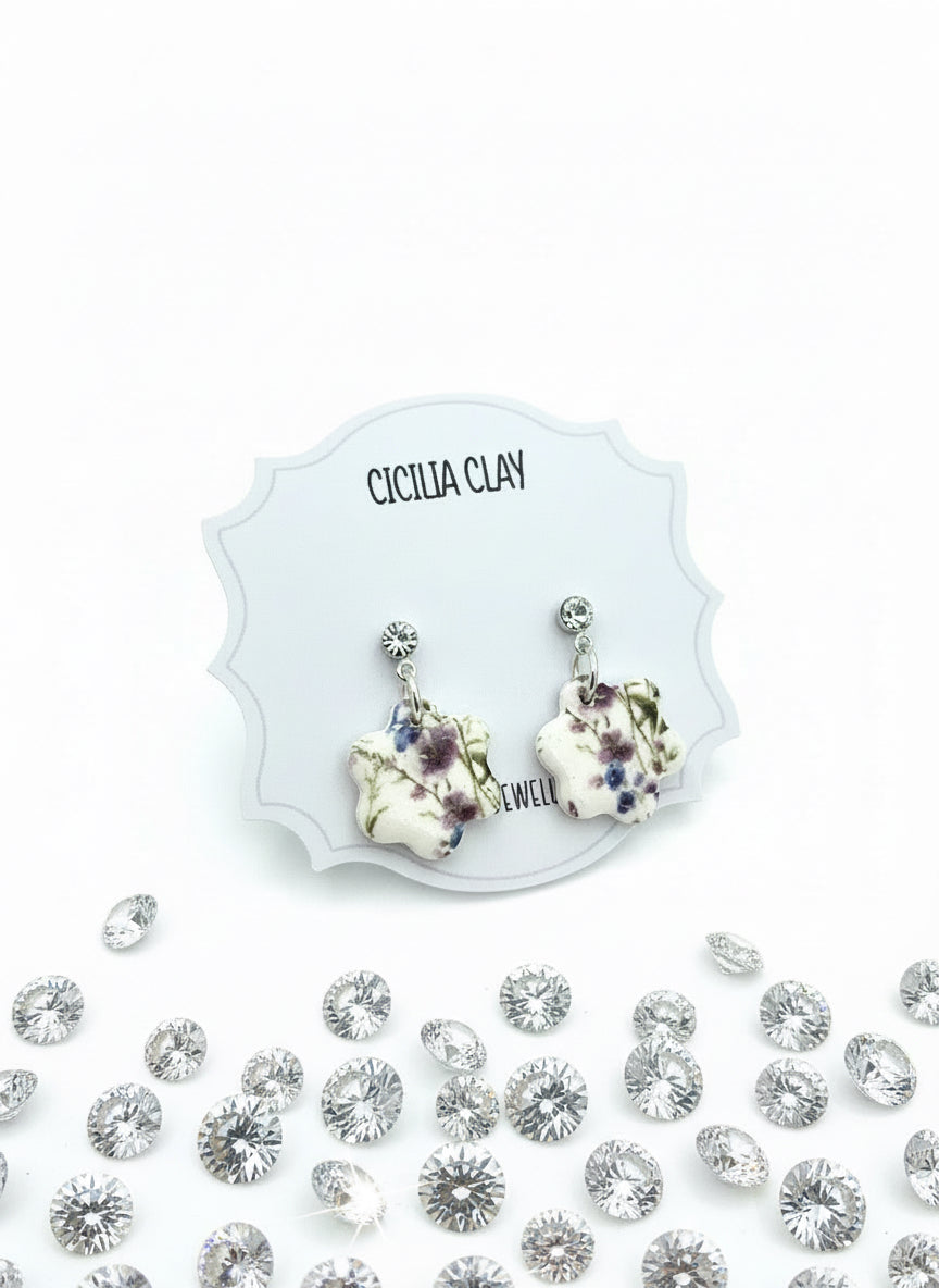 Blue & mauve wild flowers stud drop earrings