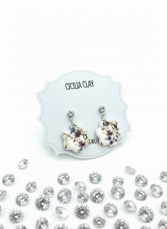 Blue & mauve wild flowers stud drop earrings