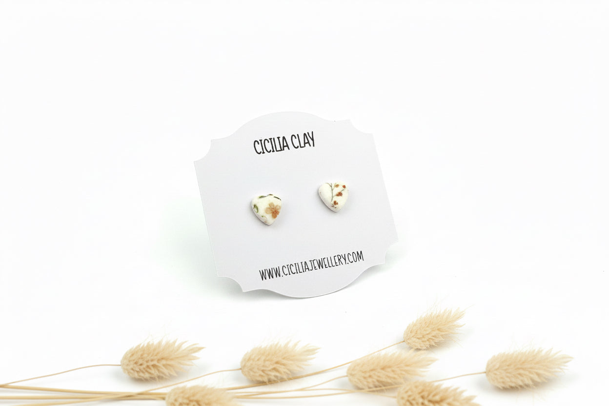 Orange delicate flowers heart stud earrings