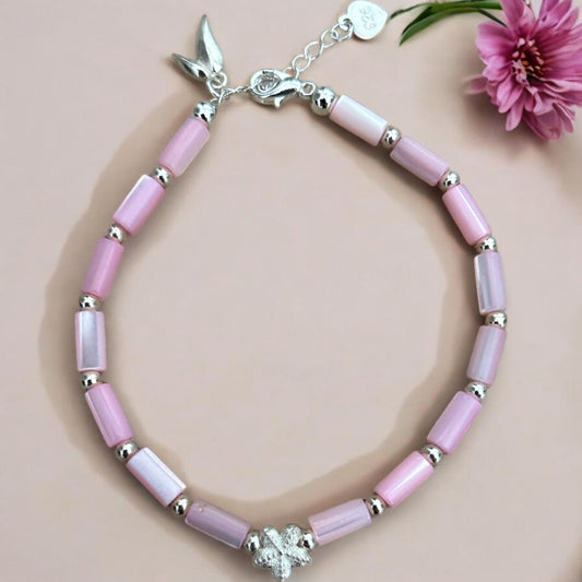 Pink mother of pearl & 925 starfish beaded bracelet