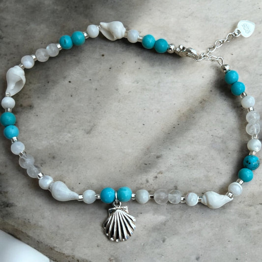 Turquoise, moonstone,mother of pearl and shell 925 anklet