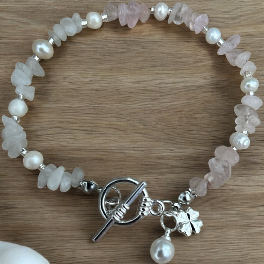 Moonstone, rose quartz & clover bracelet