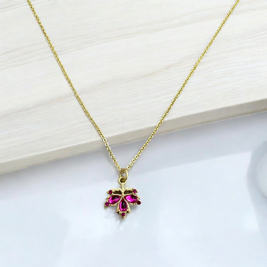 Sand gold hot pink gem leaf necklace