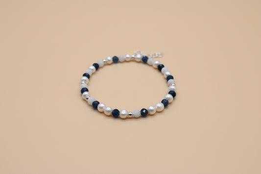 Fresh water pearl, sapphire, moonstone and sterling silver bracelet