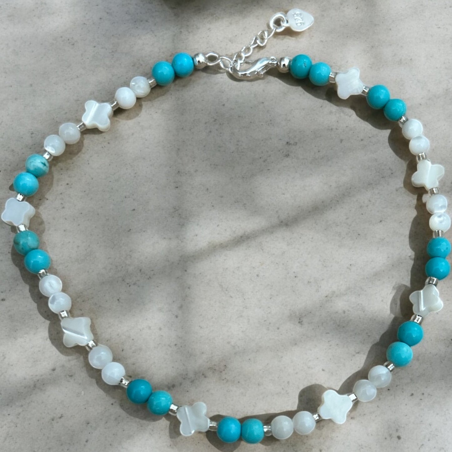 Turquoise, moonstone & mother of pearl clover 925 anklet