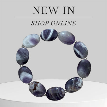 Amethyst chunky stone bracelet with text 'NEW IN' and 'SHOP ONLINE'.