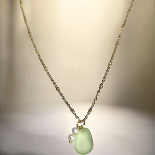 Aqua sea glass with fresh water pearl necklace