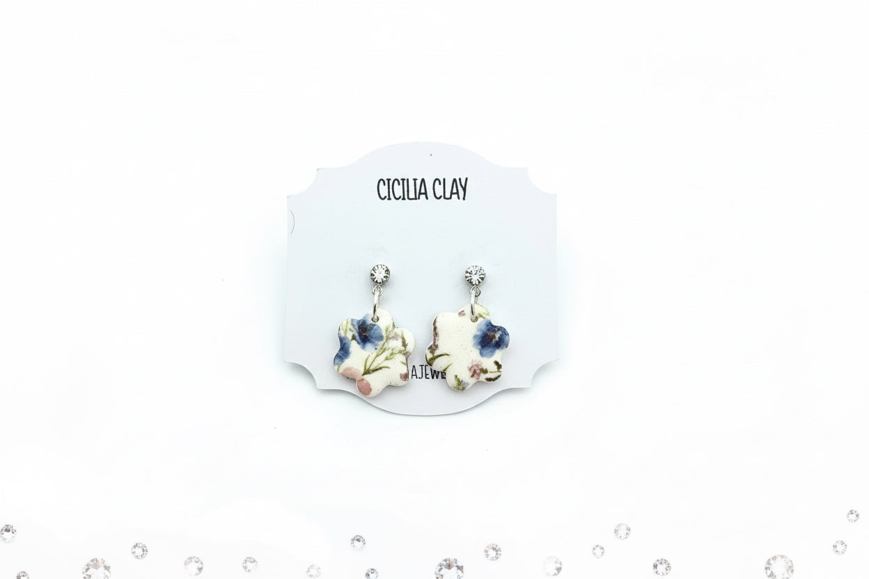 Blue & mauve wildflowers silver diamanté stud drop earrings