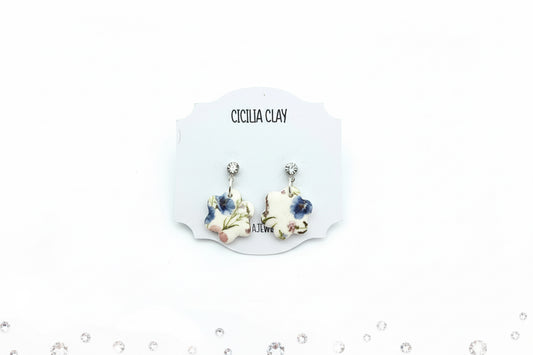 Blue & mauve wildflowers silver diamanté stud drop earrings