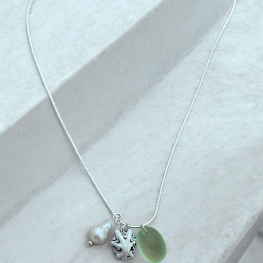 Aqua seaglass, shell & pearl 925 silver necklace