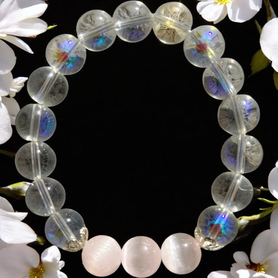 Pink selenite & iridescent beaded bracelet