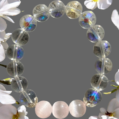 Pink selenite & iridescent beaded bracelet