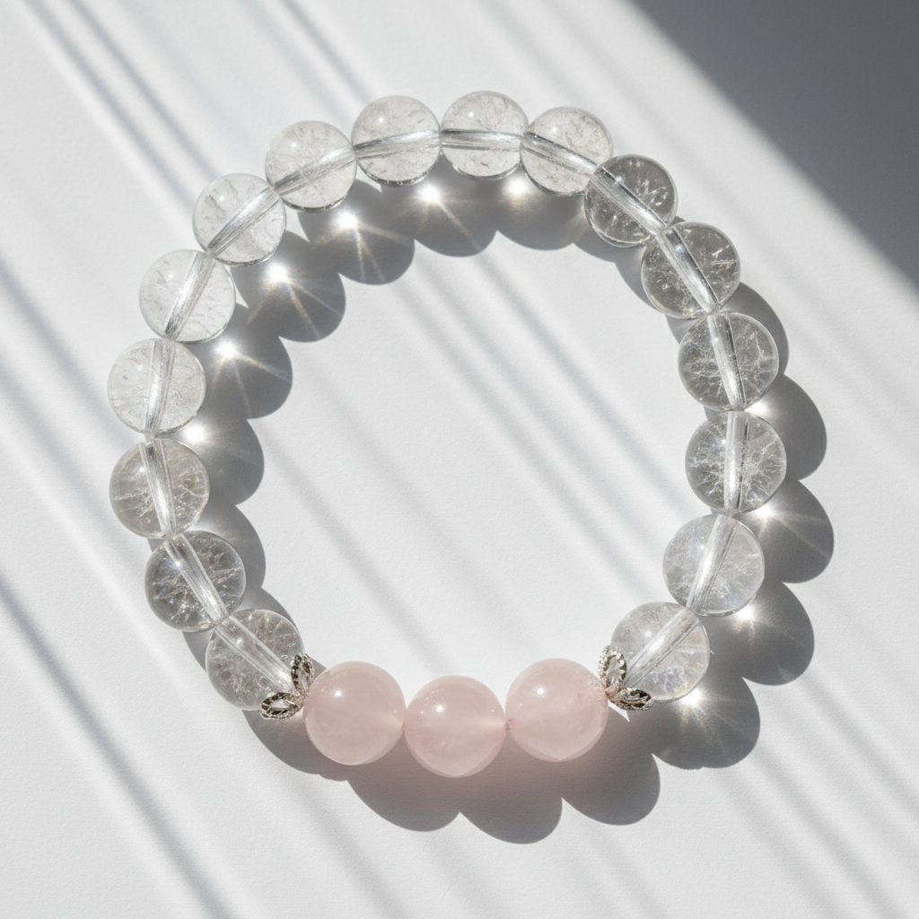Pink selenite & iridescent beaded bracelet