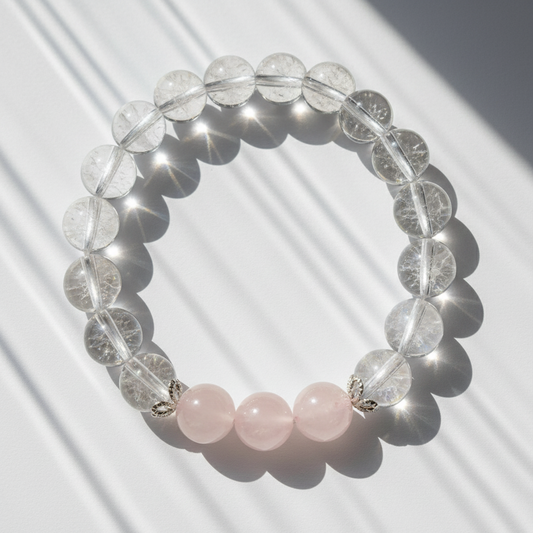 Pink selenite & iridescent beaded bracelet