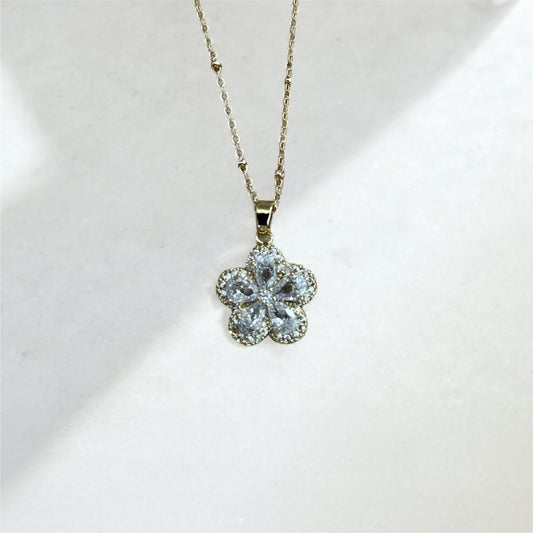 Flower-shaped diamond pendant on a gold chain against a white background