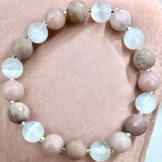 Pink opal, rhodobite & selenite gemstone bracelet
