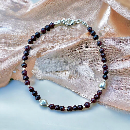 Deep red garnet and 925 silver beaded bracelet