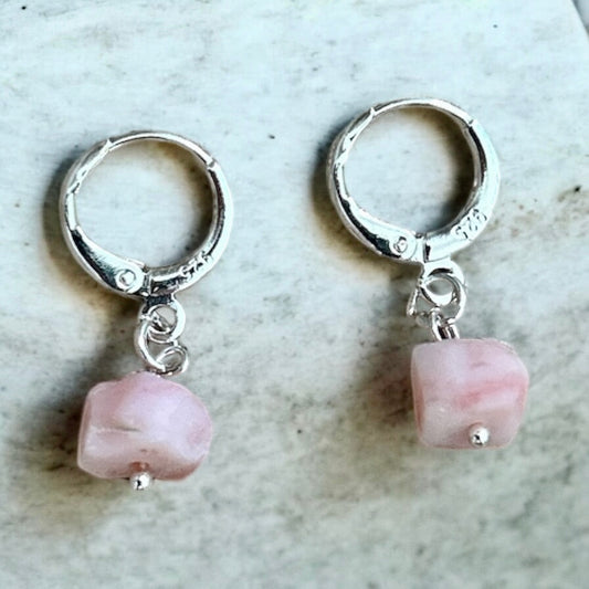 Pink Opal raw crystal huggies silver