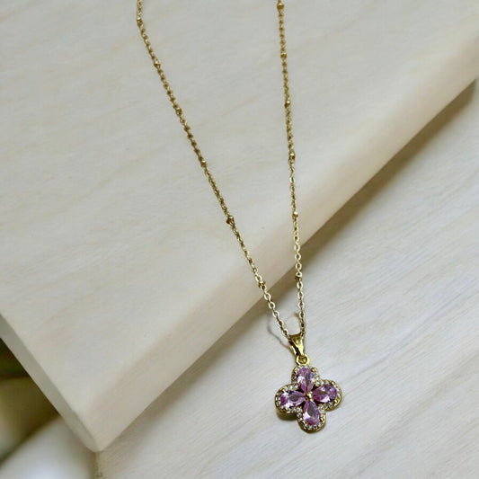 Pink diamanté clover & 14k gold plated chain necklace