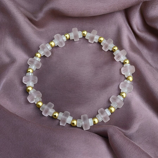 Pink sea glass & rose quartz beaded bracelet