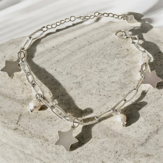 Sterling silver star & fresh water pearl charm bracelet