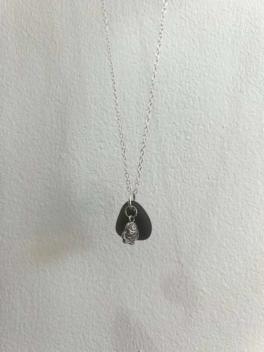 Pirate sea glass & Sterling silver fish necklace