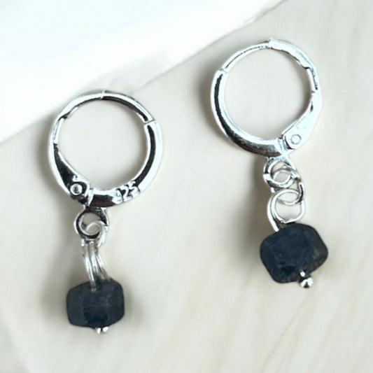 Sapphire raw crystal & sterling silver huggies