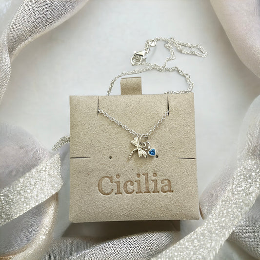 Dragonfly and blue heart 925 silver necklace