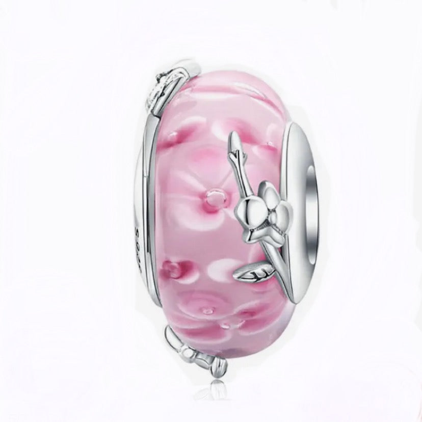 Pink flower glass 925 spacer bead