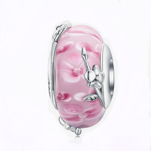 Pink flower glass 925 spacer bead