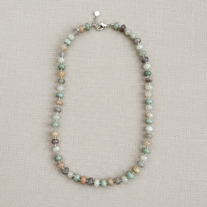 A multicolored beaded necklace with a combination of pink aventurine, amazonite, and dream amethyst gemstone beads, featuring 925 silver fixings.