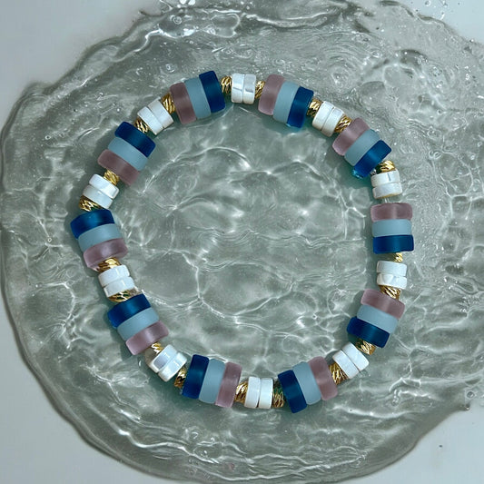 Multi sea glass & mother of pearl beaded bracelet