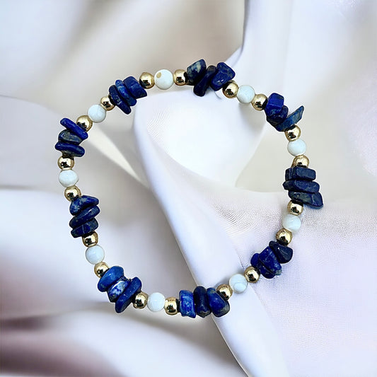 Lapis Lazuli Crystal chip and mother of pearl beaded bracelet