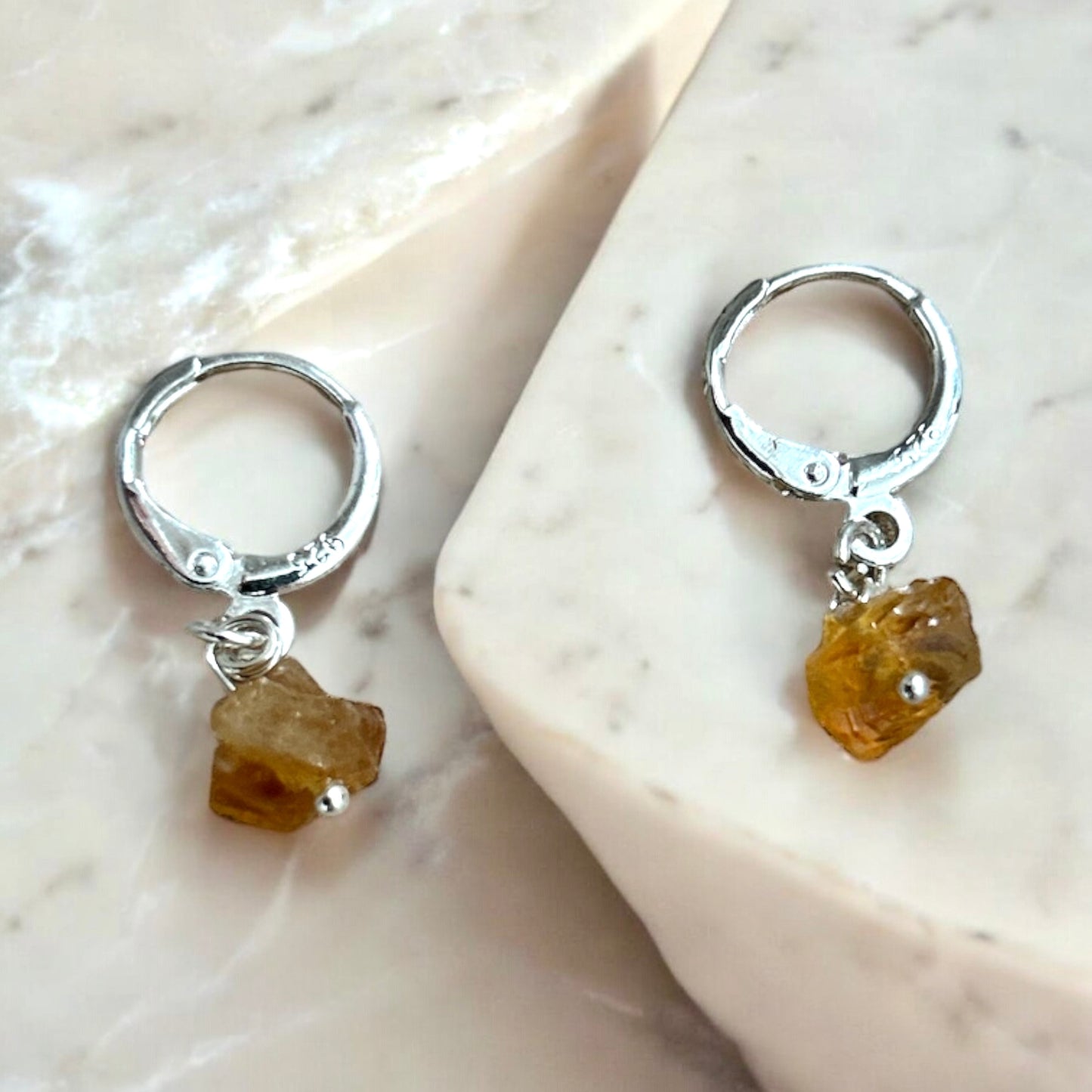 Citrine raw crystal & sterling silver huggies