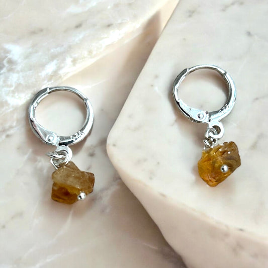 Citrine raw crystal & sterling silver huggies
