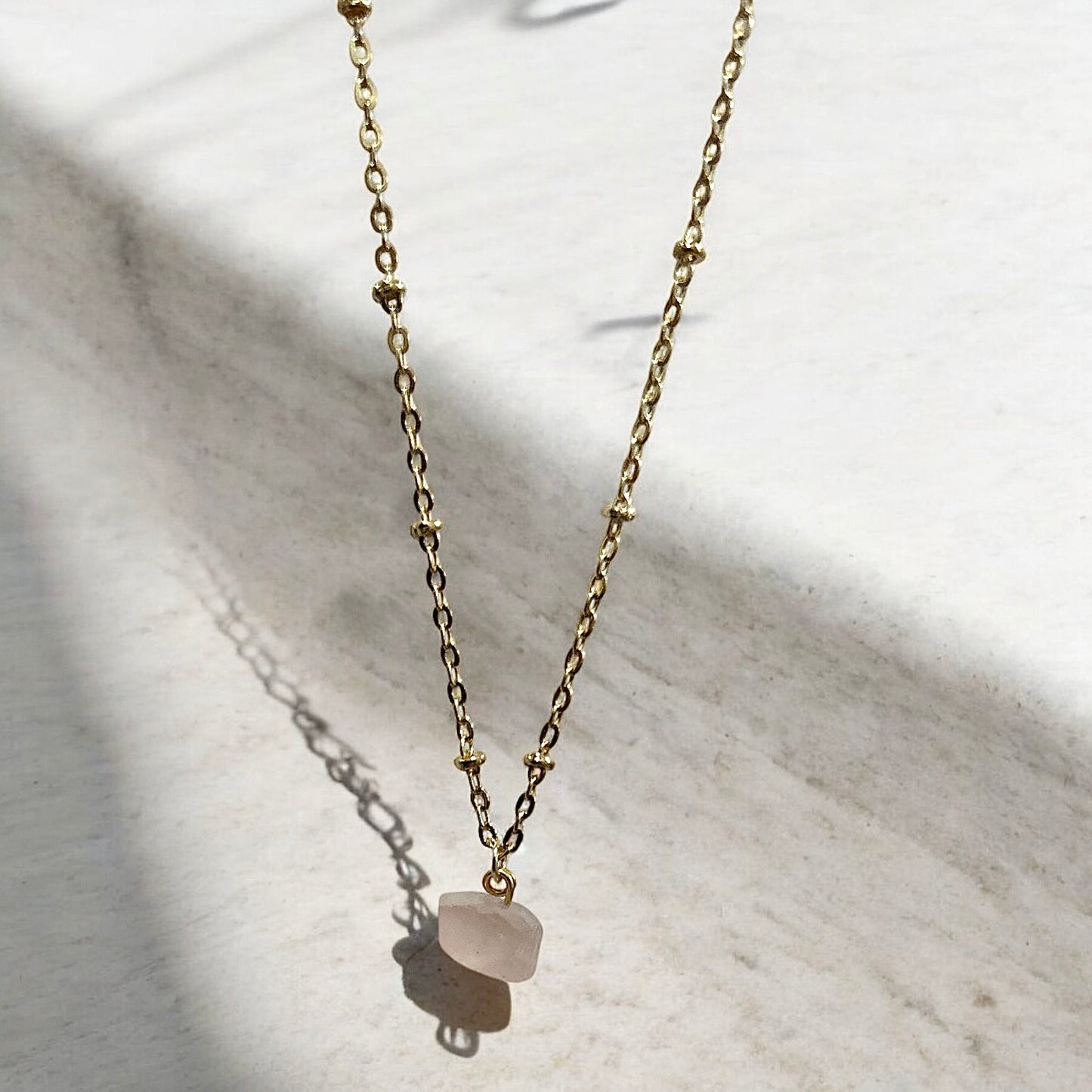 Rose Quartz raw crystal & 14k gold plated necklace