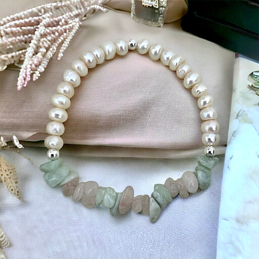 Pearl with rose quartz and green larimar