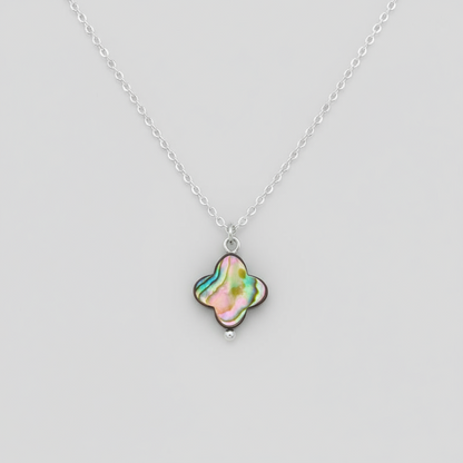 Abalone shell clover shaped pendant with a sterling silver chain.