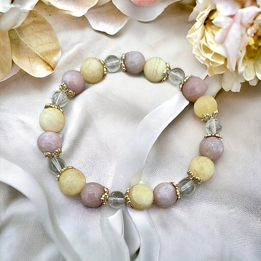 Pink Opal, honey calcite and clear quartz beaded bracelet