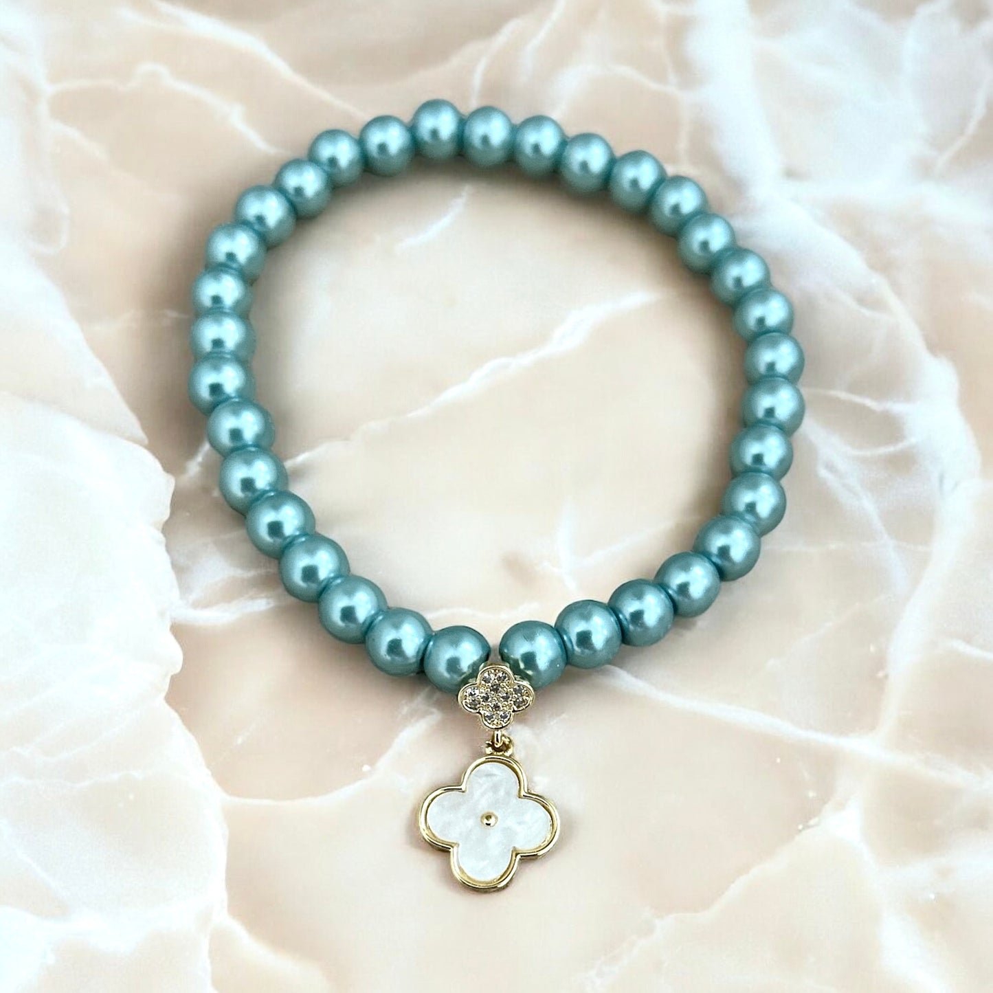 Teal faux pearl clover bracelet