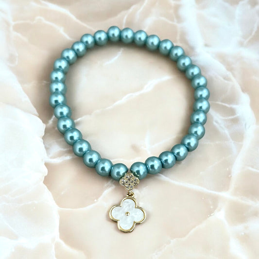 Teal faux pearl clover bracelet